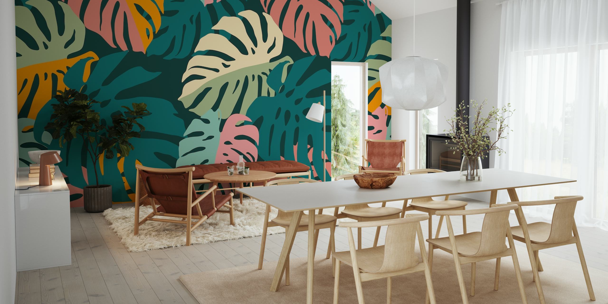 Tropical monstera leaves in green, pink, and orange colors wallpaper